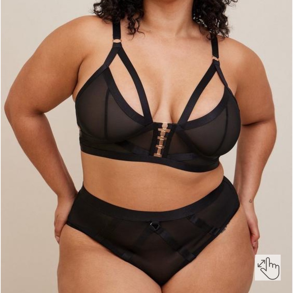 Torrid Black Strappy Mesh Wireless Bralette & Mesh Tanga Panty